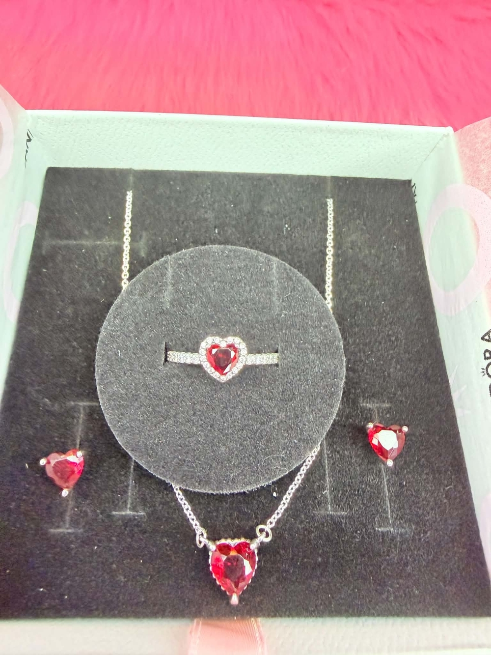 Pandora Silver Necklace, Ring & Earrings Set with Red Heart Stones - Picture 5 of 5
